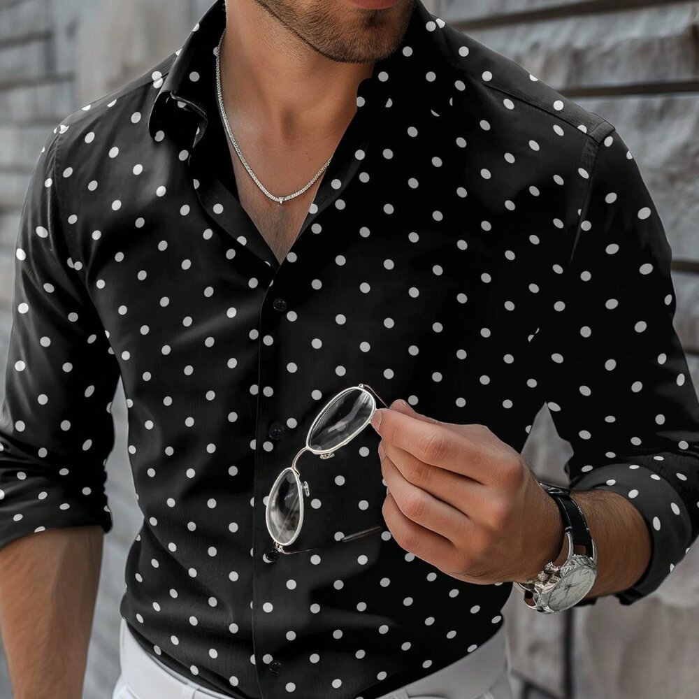 Black Preppy Men Polka Dot Print Shirt